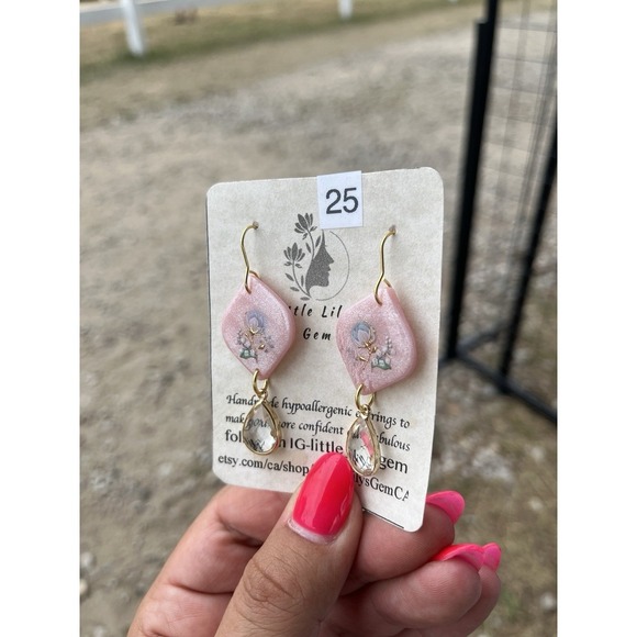 Handmade  Polymer Clay   Earrings With Crystal Charm - Picture 5 of 5